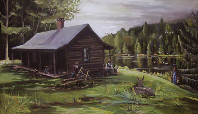 Log Cabin by Lake, Oil on Canvas, 20 x 11