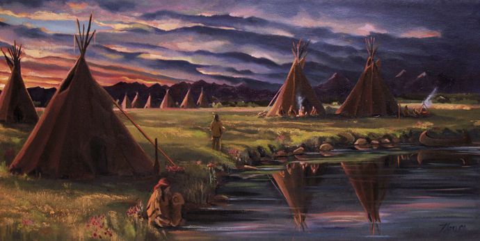 Encampment at Dusk, Oil on Canvas, 20 x 10 (sold)