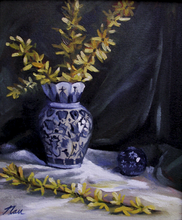 Blue Vase with Forsythia, Oil on Canvas, 10 x 12 (sold)