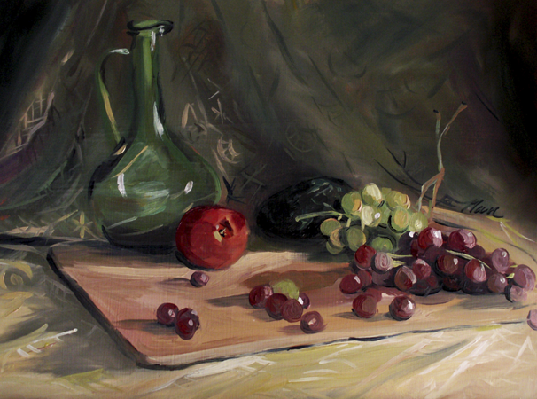 Bottle, Avocado and Grapes, Oil on Canvas, 14 x 11