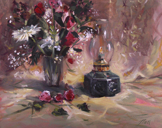Flowers with Lantern, Oil on Canvas, 14 x 11